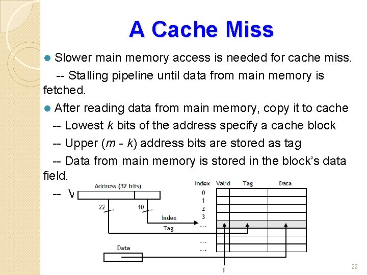 A Cache Miss Slower main memory access is needed for cache miss. -- Stalling
