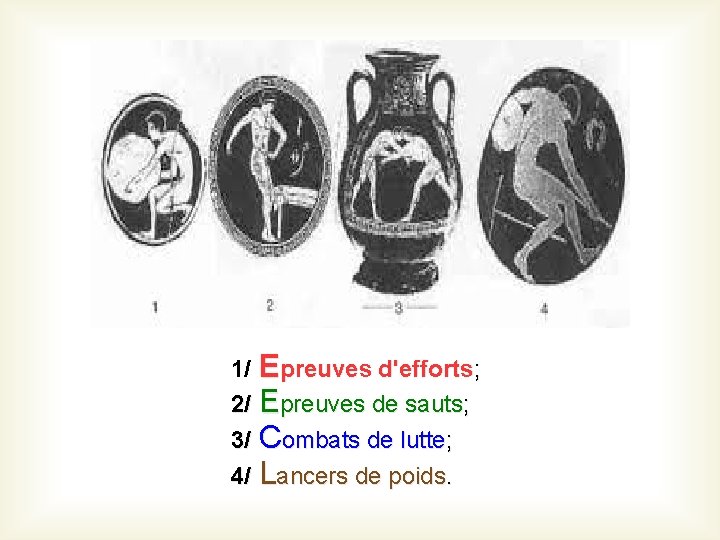 1/ Epreuves d'efforts; 2/ Epreuves de sauts; 3/ Combats de lutte; 4/ Lancers de