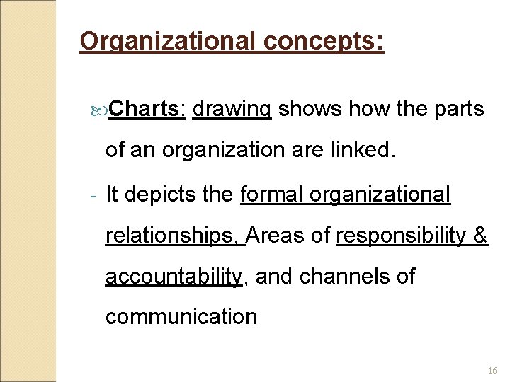 Organizational concepts: Charts: drawing shows how the parts of an organization are linked. -