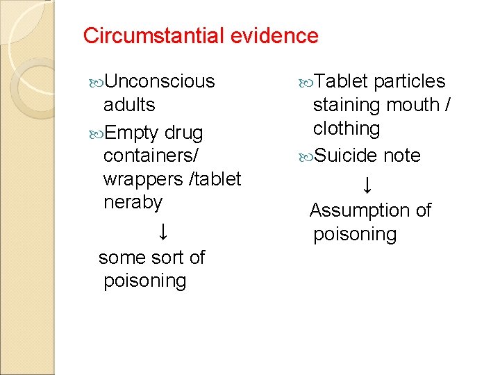 Circumstantial evidence Unconscious adults Empty drug containers/ wrappers /tablet neraby ↓ some sort of