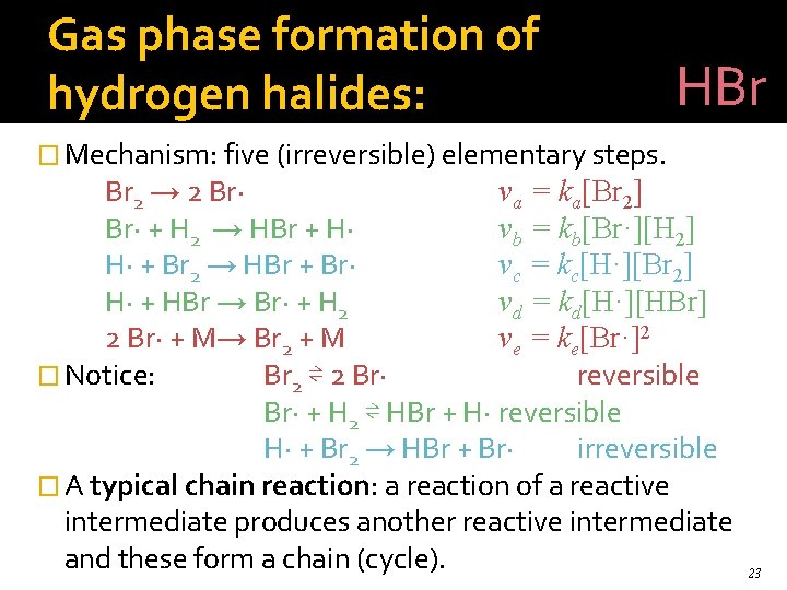 Gas phase formation of hydrogen halides: HBr � Mechanism: five (irreversible) elementary steps. Br