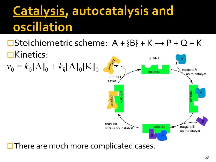 Catalysis, autocatalysis and oscillation �Stoichiometric scheme: �Kinetics: A + {B} + K → P