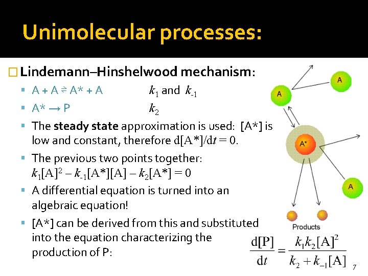 Unimolecular processes: � Lindemann–Hinshelwood mechanism: A + A ⇌ A* + A k 1