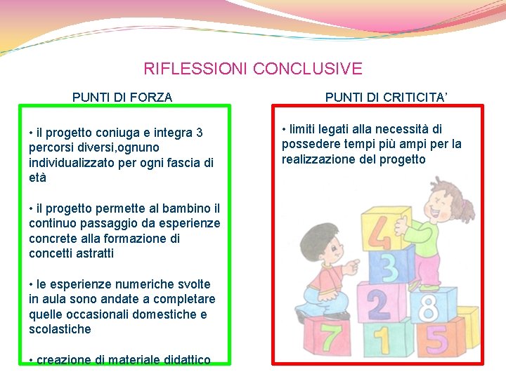 RIFLESSIONI CONCLUSIVE PUNTI DI FORZA • il progetto coniuga e integra 3 percorsi diversi,