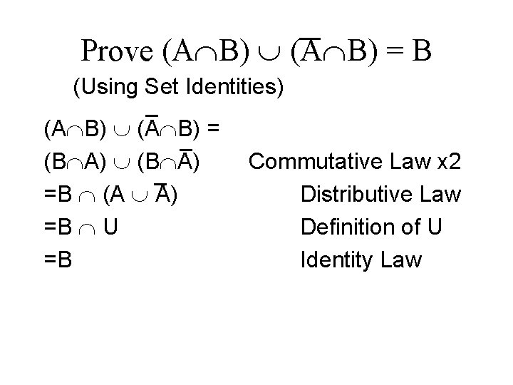 Prove (A B) = B (Using Set Identities) (A B) = (B A) =B