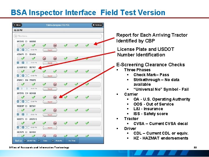 BSA Inspector Interface Field Test Version Report for Each Arriving Tractor Identified by CBP