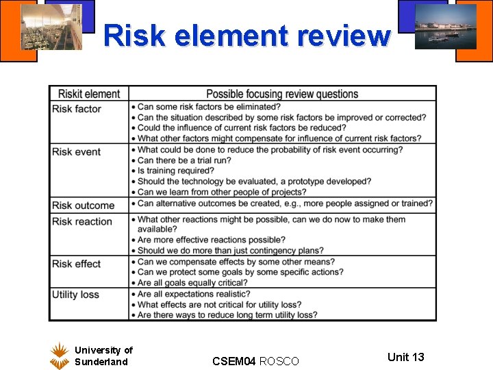 Risk element review University of Sunderland CSEM 04 ROSCO Unit 13 