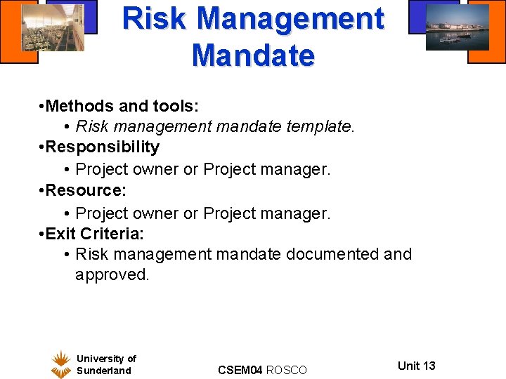 Risk Management Mandate • Methods and tools: • Risk management mandate template. • Responsibility