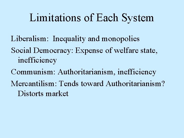 Limitations of Each System Liberalism: Inequality and monopolies Social Democracy: Expense of welfare state,