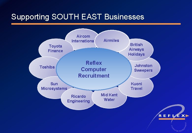 Supporting SOUTH EAST Businesses Aircom International Airmiles Toyota Finance Reflex Computer Recruitment Toshiba Sun