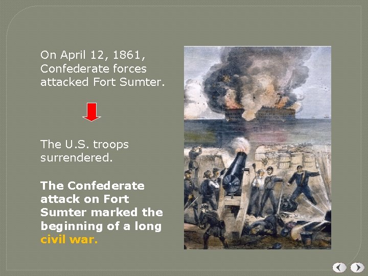 On April 12, 1861, Confederate forces attacked Fort Sumter. The U. S. troops surrendered. On April 12, 1861, Confederate forces attacked Fort Sumter. The U. S. troops surrendered.