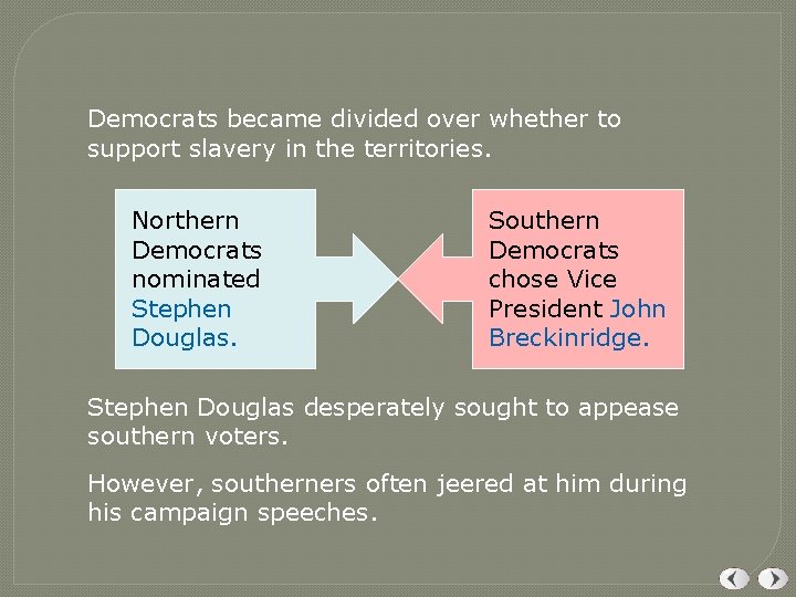 Democrats became divided over whether to support slavery in the territories. Northern Democrats nominated Democrats became divided over whether to support slavery in the territories. Northern Democrats nominated