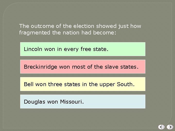 The outcome of the election showed just how fragmented the nation had become: Lincoln The outcome of the election showed just how fragmented the nation had become: Lincoln