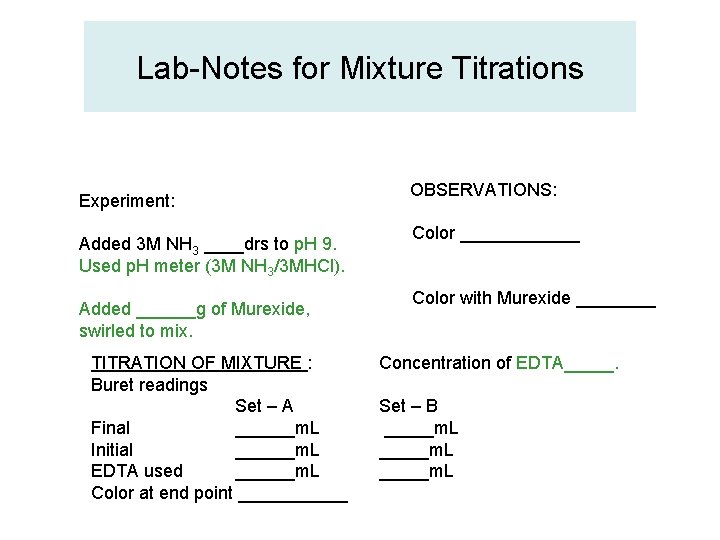 Lab-Notes for Mixture Titrations Experiment: Added 3 M NH 3 ____drs to p. H