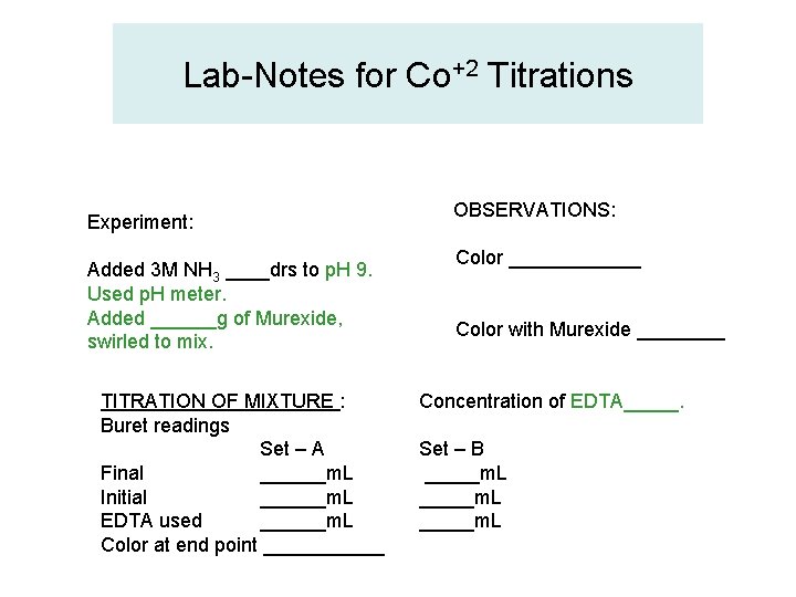 Lab-Notes for Co+2 Titrations Experiment: Added 3 M NH 3 ____drs to p. H