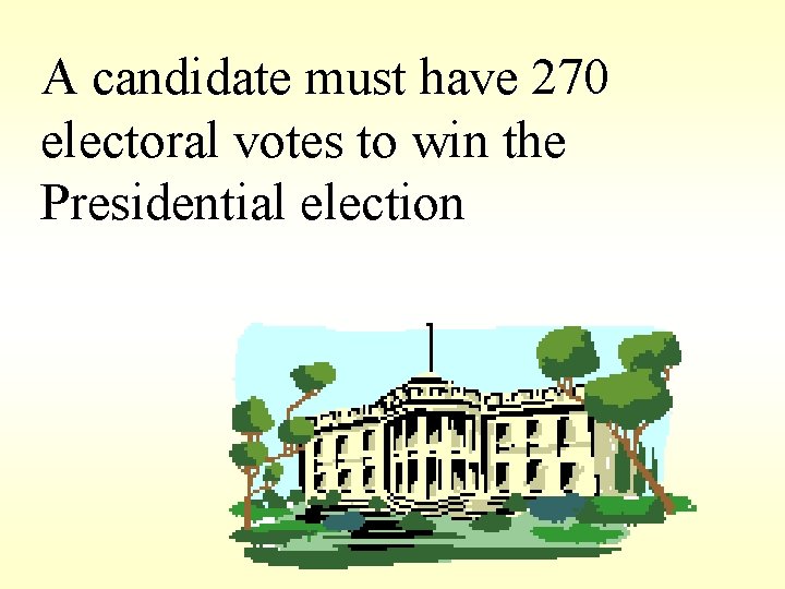 A candidate must have 270 electoral votes to win the Presidential election 