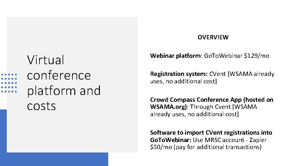 OVERVIEW Virtual conference platform and costs Webinar platform: Go. To. Webinar $129/mo Registration system:
