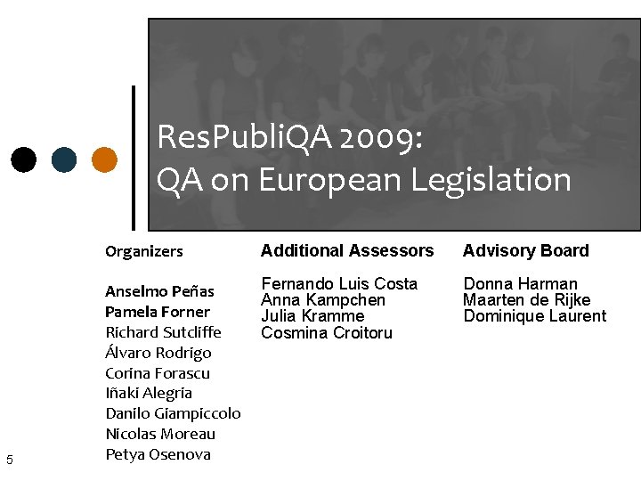 Res. Publi. QA 2009: QA on European Legislation 5 Organizers Additional Assessors Advisory Board