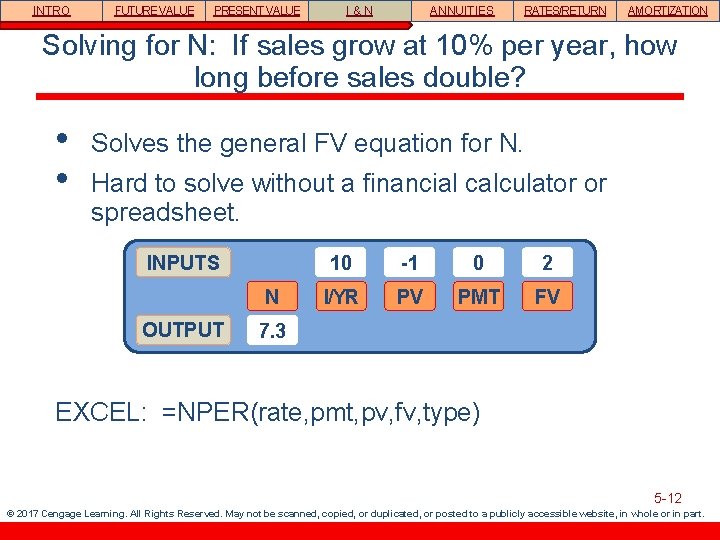 INTRO FUTURE VALUE PRESENT VALUE I&N ANNUITIES RATES/RETURN AMORTIZATION Solving for N: If sales