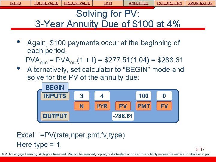 INTRO FUTURE VALUE PRESENT VALUE I&N ANNUITIES RATES/RETURN AMORTIZATION Solving for PV: 3 -Year