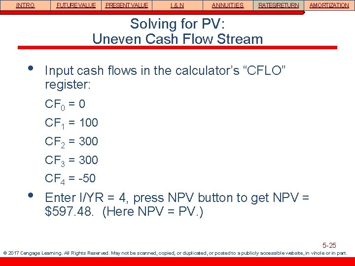 INTRO FUTURE VALUE PRESENT VALUE I&N ANNUITIES RATES/RETURN AMORTIZATION Solving for PV: Uneven Cash