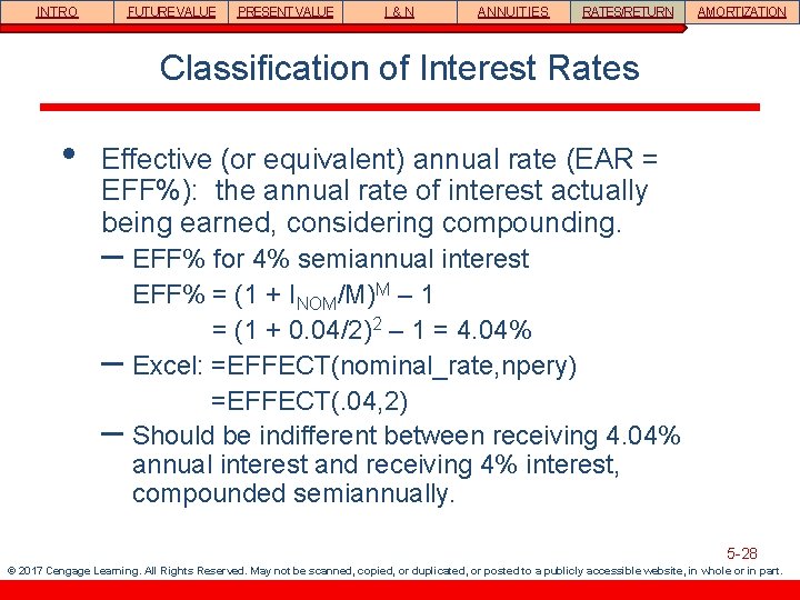 INTRO FUTURE VALUE PRESENT VALUE I&N ANNUITIES RATES/RETURN AMORTIZATION Classification of Interest Rates •