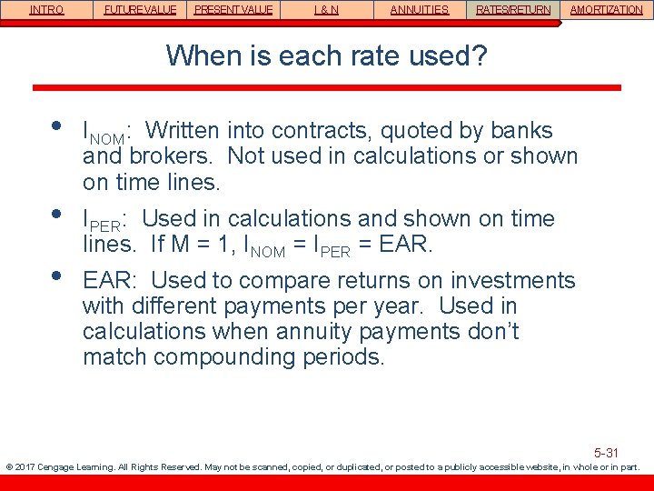 INTRO FUTURE VALUE PRESENT VALUE I&N ANNUITIES RATES/RETURN AMORTIZATION When is each rate used?