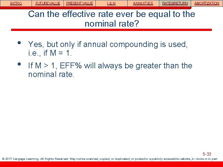 INTRO FUTURE VALUE PRESENT VALUE I&N ANNUITIES RATES/RETURN AMORTIZATION Can the effective rate ever