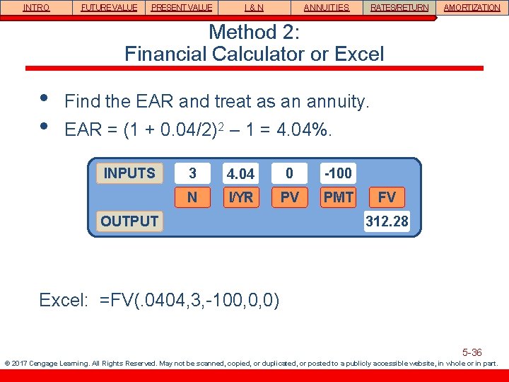 INTRO FUTURE VALUE PRESENT VALUE I&N ANNUITIES RATES/RETURN AMORTIZATION Method 2: Financial Calculator or