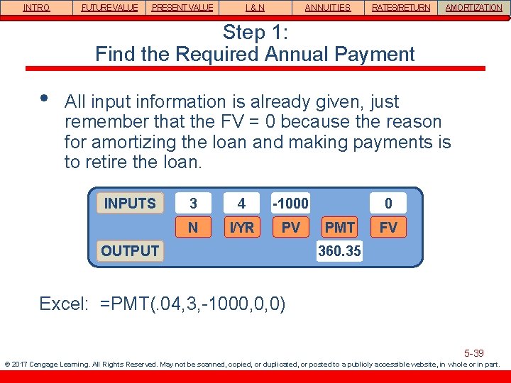 INTRO FUTURE VALUE PRESENT VALUE I&N ANNUITIES RATES/RETURN AMORTIZATION Step 1: Find the Required