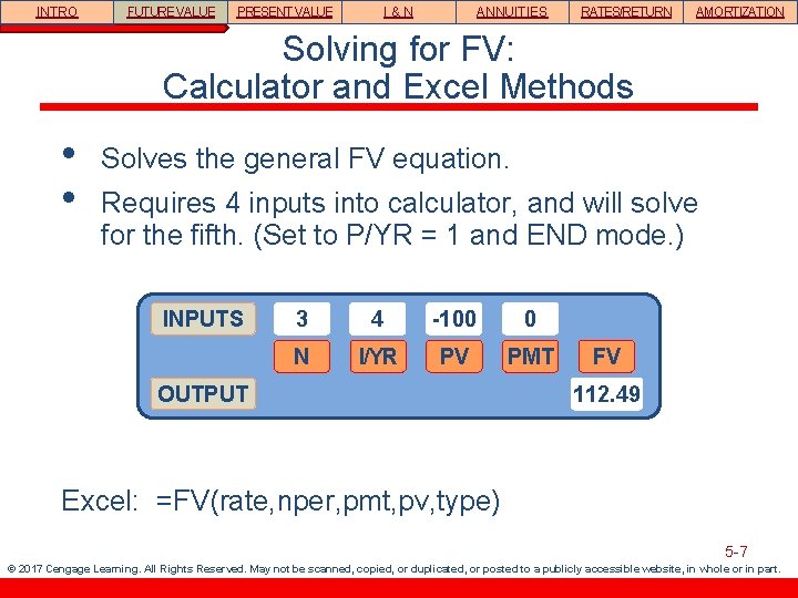 INTRO FUTURE VALUE PRESENT VALUE I&N ANNUITIES RATES/RETURN AMORTIZATION Solving for FV: Calculator and