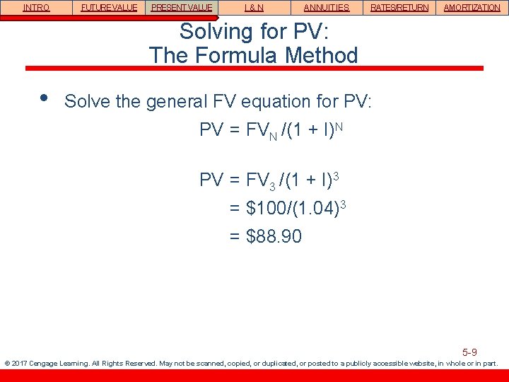 INTRO FUTURE VALUE PRESENT VALUE I&N ANNUITIES RATES/RETURN AMORTIZATION Solving for PV: The Formula