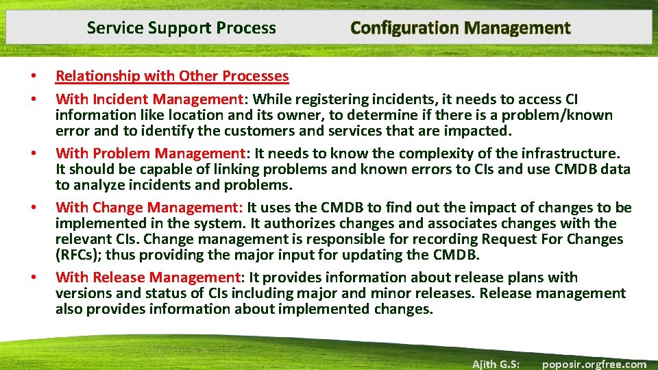 Service Support Process • • • Configuration Management Relationship with Other Processes With Incident