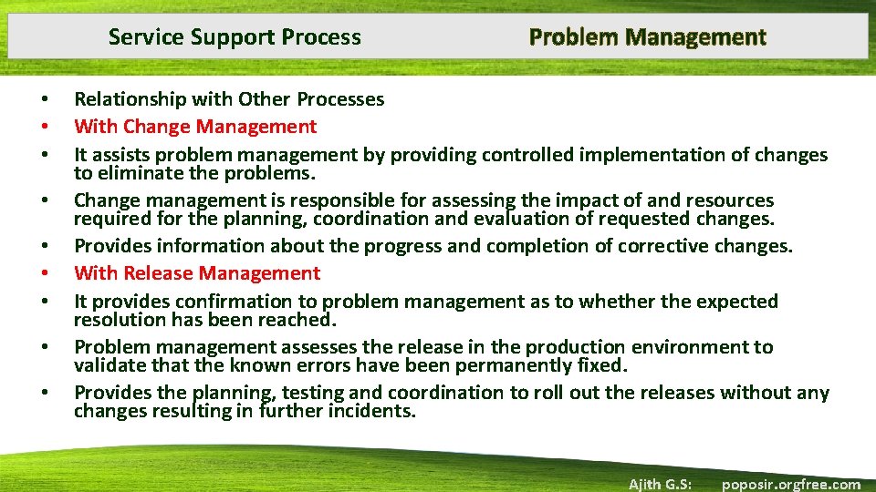 Service Support Process • • • Problem Management Relationship with Other Processes With Change