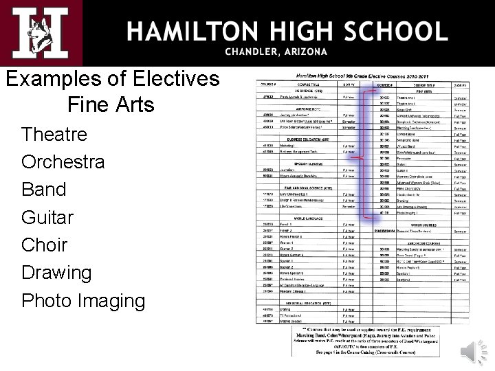 Examples of Electives Fine Arts Theatre Orchestra Band Guitar Choir Drawing Photo Imaging 