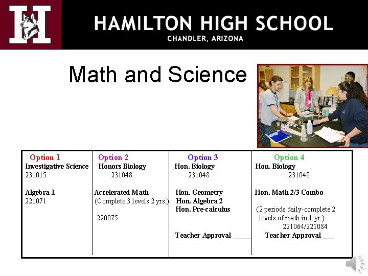 Math and Science Option 1 Investigative Science 231015 Algebra 1 221071 Option 2 Honors