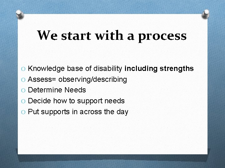 We start with a process O Knowledge base of disability including strengths O Assess=