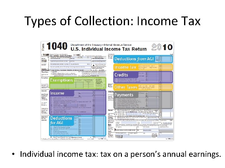 Types of Collection: Income Tax • Individual income tax: tax on a person’s annual