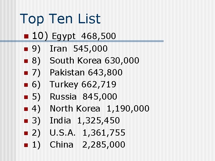 Top Ten List n 10) Egypt 468, 500 n 9) 8) 7) 6) 5)