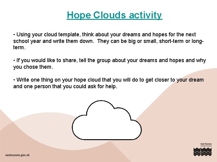 Hope Clouds activity • Using your cloud template, think about your dreams and hopes