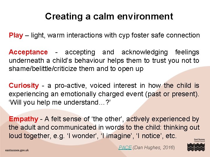 Creating a calm environment Play – light, warm interactions with cyp foster safe connection