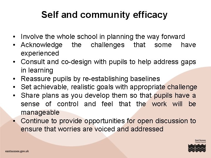 Self and community efficacy • Involve the whole school in planning the way forward