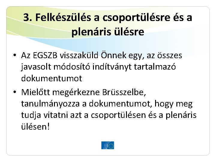 3. Felkészülés a csoportülésre és a plenáris ülésre • Az EGSZB visszaküld Önnek egy,