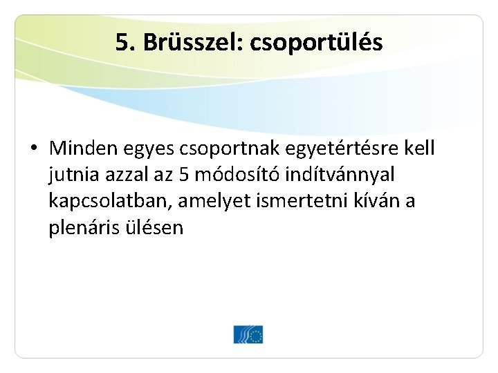 5. Brüsszel: csoportülés • Minden egyes csoportnak egyetértésre kell jutnia azzal az 5 módosító