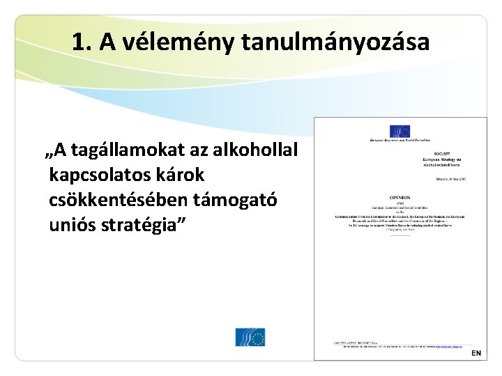 1. A vélemény tanulmányozása „A tagállamokat az alkohollal kapcsolatos károk csökkentésében támogató uniós stratégia”