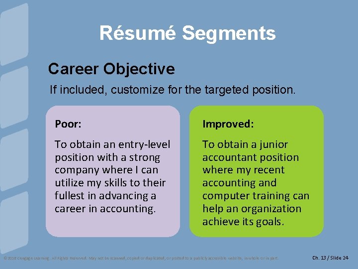 Résumé Segments Career Objective If included, customize for the targeted position. Poor: Improved: To