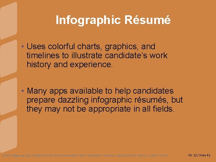 Infographic Résumé • Uses colorful charts, graphics, and timelines to illustrate candidate’s work history