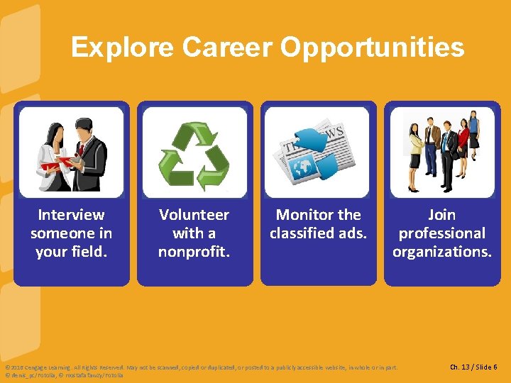 Explore Career Opportunities Interview someone in your field. Volunteer with a nonprofit. Monitor the