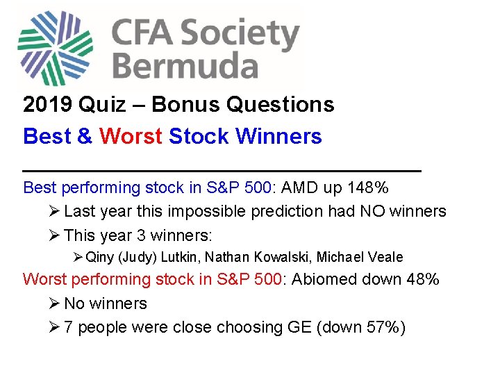 2019 Quiz – Bonus Questions Best & Worst Stock Winners ______________________ Best performing stock