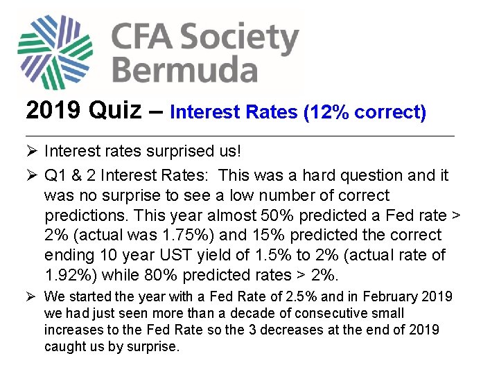 2019 Quiz – Interest Rates (12% correct) _____________________________________________________ Ø Interest rates surprised us! Ø
